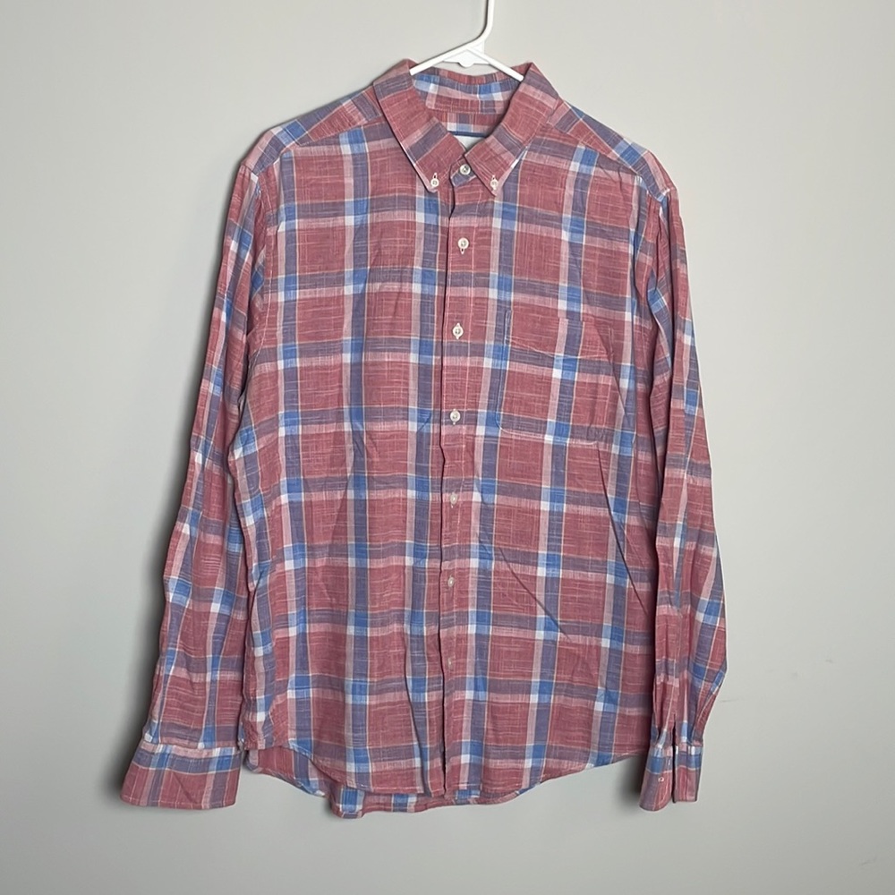American Eagle Outfitters Men Dusty Pink Blue Plaid casual button down- Large
